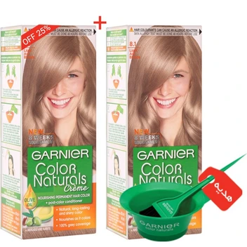 تصویر پک 2 تایی رنگ مو گارنيه مدل Color Naturals شماره 8.1 - بلوند روشن با انعکاس دودی + كاسه و فرچه هديه ا Garnier Color Naturals Hair Cream Color Kit Pack No.8.1 Garnier Color Naturals Hair Cream Color Kit Pack No.8.1