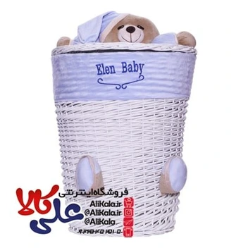 تصویر سبد لباس و اسباب بازی حصیری کوچک اتاق کودک طرح خرس الن بیبی 