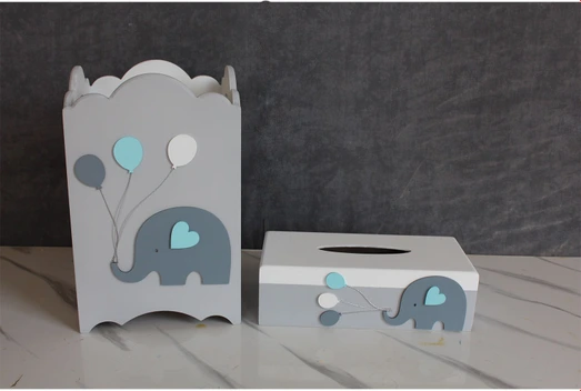تصویر سطل آشغال و جعبه دستمال کاغذی طرح فیل و بادکنک 