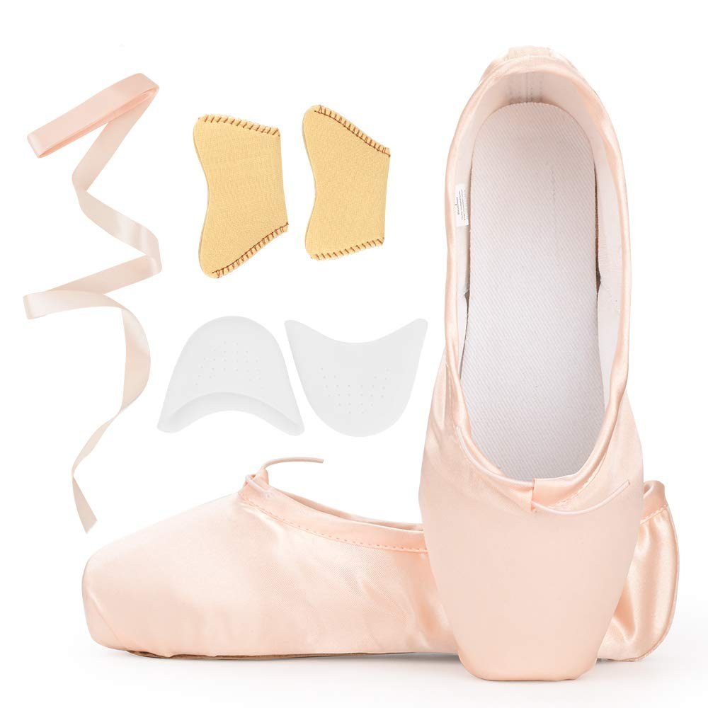 Details about   Kukome Ballet Dance Shoes Pink Satin Pointe Shoes With Ribbon And Toe Pads For L 