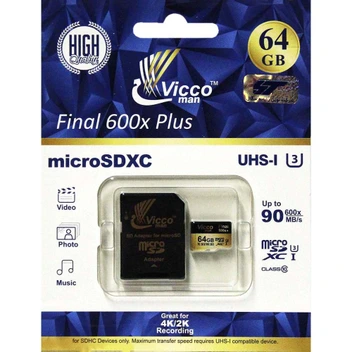 تصویر کارت حافظه microSDXC  ویکومن مدل Extra 600X کلاس 10 استاندارد UHS-I U3 سرعت 90MBps ظرفیت 64 گیگابایت ا Vicco Man Final 600X UHS-I U3 Class 10 90MBps microSDXC  Card 64GB Vicco Man Final 600X UHS-I U3 Class 10 90MBps microSDXC  Card 64GB