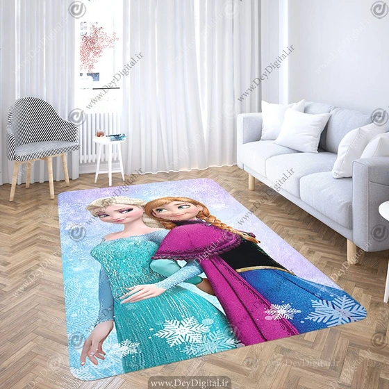 تصویر فرش چاپی اتاق دختر طرح السا و آنا زمینه یخی PK-2767 