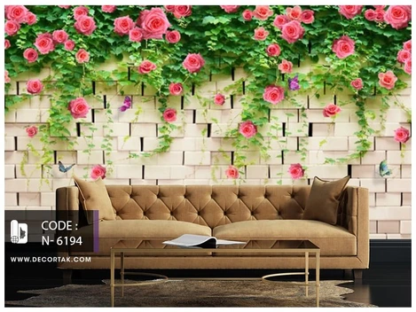 تصویر پوستر دیواری طبیعت طرح دیوار آجری با گل های صورتی کد N-6194 