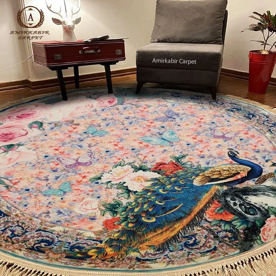 تصویر فرش گرد طرح طاووس محتشم کد 100457 