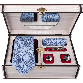 تصویر ست کامل کادویی کراوات دستمال جیب گل کت دکمه سردست و گیره مدل GF-PA321-BL-BOX 