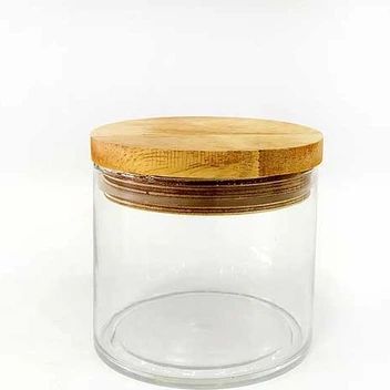 تصویر بانکه شیشه ای با درب چوبی بامبو | بانکه شیشه ای ارزان کد 40007 