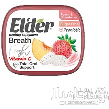 تصویر قرص خوشبو کننده دهان رژیمی پروبیوتیک ویتامین ث با طعم هلو و توت فرنگی الدر ELDER 