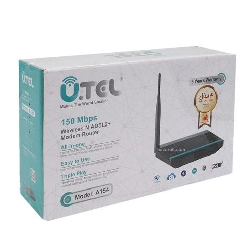 تصویر مودم روتر +ADSL2 بیسیم N150 یوتل A154 ا U.TEL A154 150Mbps Wireless N ADSL2+ Modem Router U.TEL A154 150Mbps Wireless N ADSL2+ Modem Router