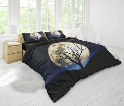 تصویر روتختی نانو تنسل 3 بعدی ترکیه ای طرح ماه و درخت زمینه مشکی آبی شرکت گوزل ترکیه - دونفره 7 تیکه ا Bed Cover 3D Guzel Bed Cover 3D Guzel