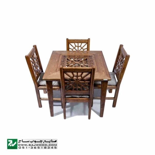 تصویر میز و صندلی غذا خوری سنتی چهار نفره چوبی صنایع چوب ساج مدل ۳۲۵ 