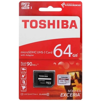 تصویر کارت حافظه microSDHC توشیبا مدل EXCERIA M302-EA ظرفیت 64 گیگابایت به همراه آداپتور SD ا TOSHIBA microSDHC EXCERIA M302-EA 64 GB TOSHIBA microSDHC EXCERIA M302-EA 64 GB
