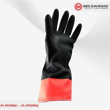 تصویر دستکش بنایی لاستیکی سه لایه دو رنگ قرمز و مشکی تکنسین 