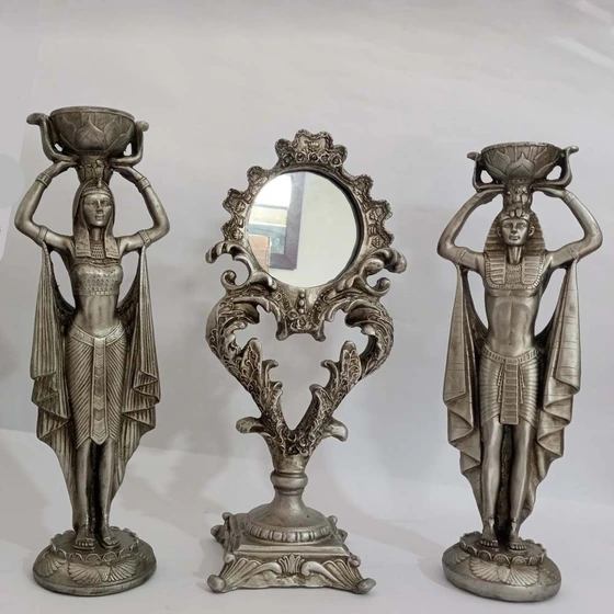 تصویر ست آینه و شمعدان سلطنتی | آینه و شمعدان پلی استر طرح مصری 