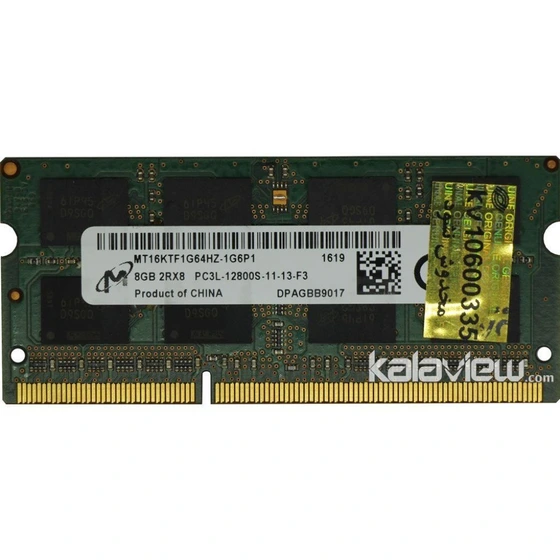 تصویر رم لپ تاپ میکرون 8GB مدل DDR3L باس 1600MHZ/12800 چین MT16KTF1G64HZ-1G6P1 619 تایمینگ CL11 