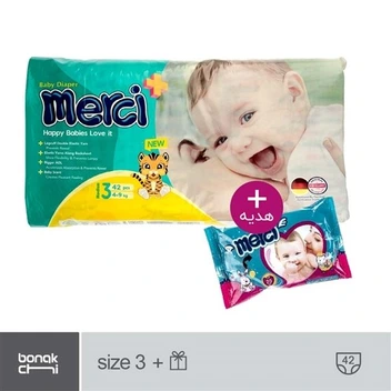 تصویر پوشک سایز 3 و متوسط مرسی - 42 عددی + هدیه دستمال مرطوب 20 عددی ا Merci - Complete baby diapers, size 3, medium - 42 pcs Merci - Complete baby diapers, size 3, medium - 42 pcs