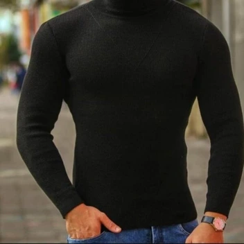 تصویر پلیور بافت مردانه مدل یقه اسکی اندامی مشکی 