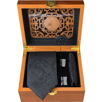 تصویر ست کامل کادویی کراوات دستمال جیب گل کت دکمه سردست مدل GF-PA354-BK-BOX 