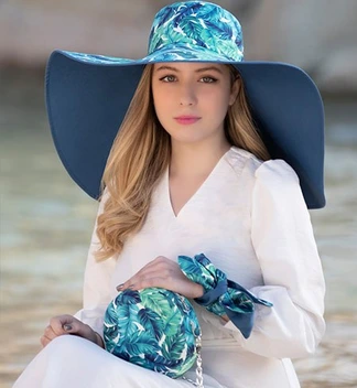 تصویر کلاه لبه بلند هاوایی برگ سبز آبی با مچ بند زنانه 10062 آبی FREE 
